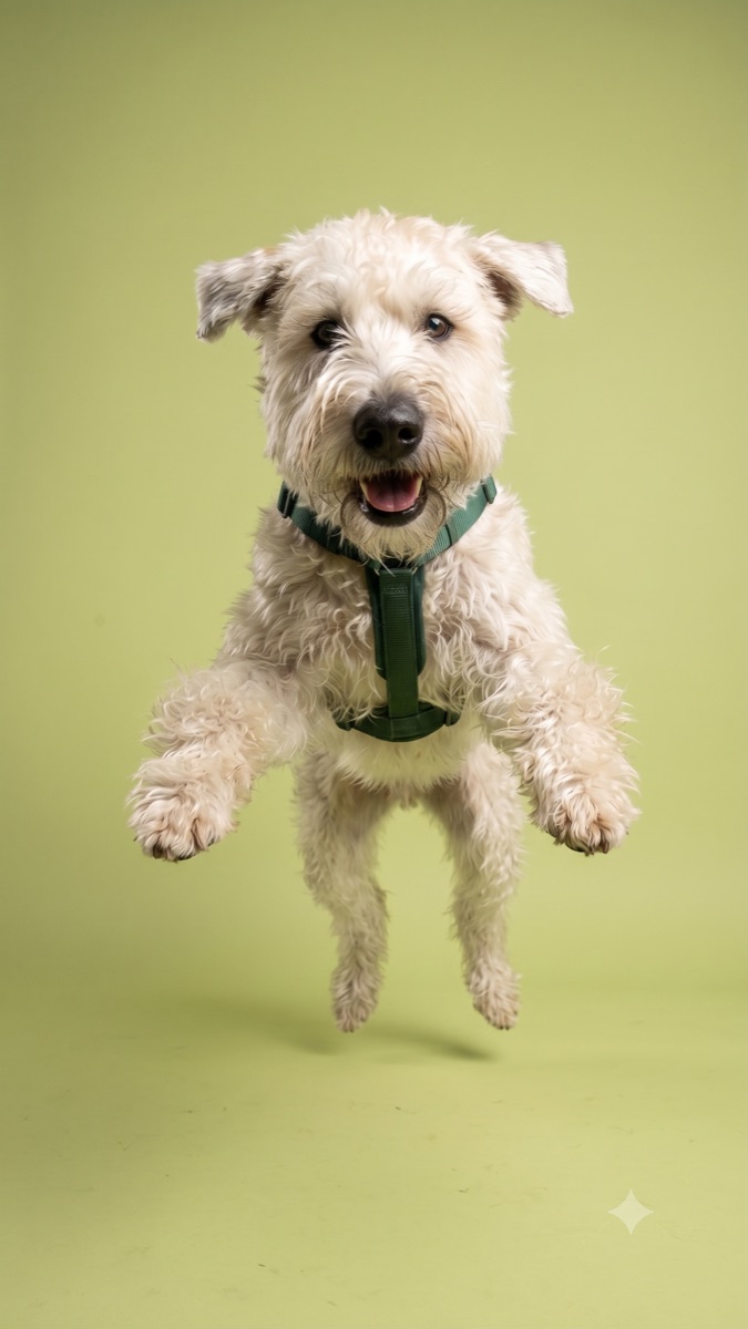 Bear, a Wheaten Terrier, jumping mid-air