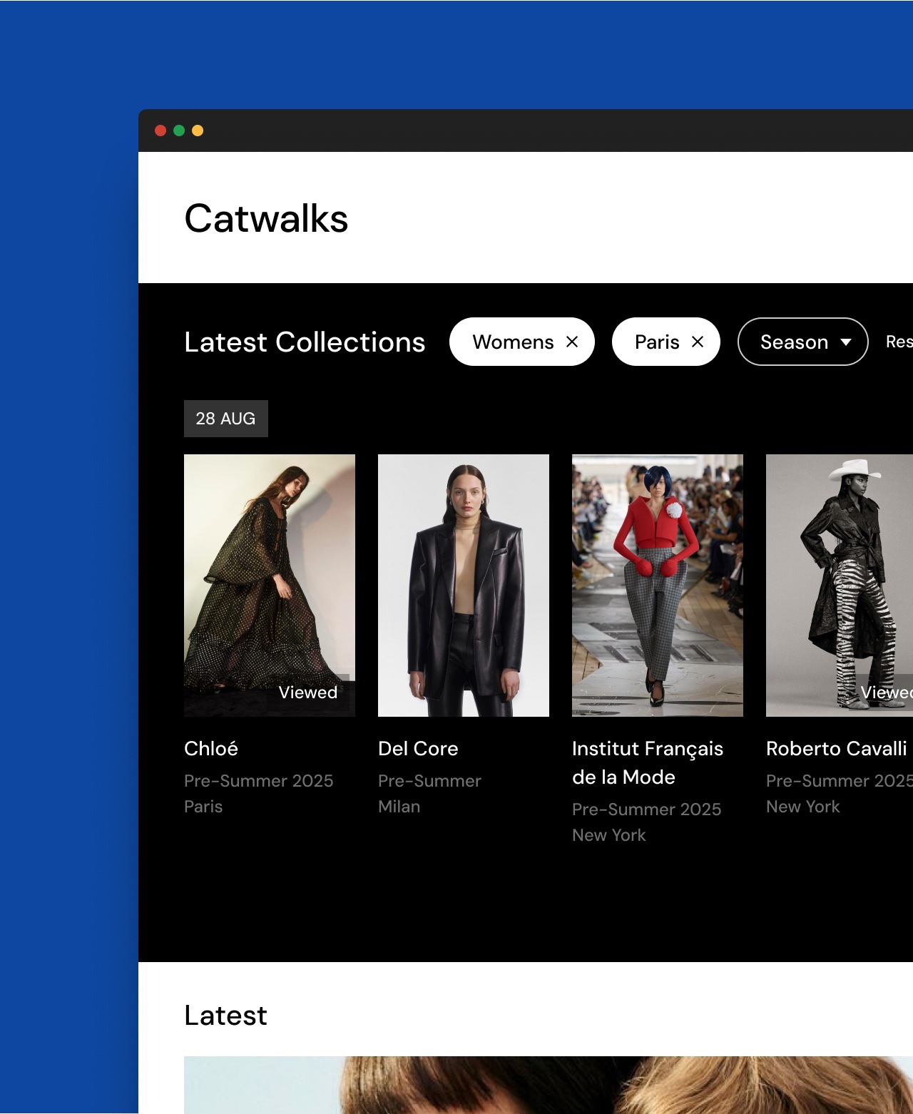 The Catwalks landing page in a browser window on a blue field: Latest Collections filtered to Womens and Paris, with Pre-Summer 2025 runway looks from Chloé, Del Core, Institut Français de la Mode and Roberto Cavalli
