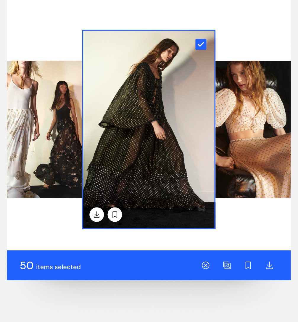 Gallery images with one look selected — a blue outline, a checked tick and download and bookmark buttons — above a blue banner reading 50 items selected