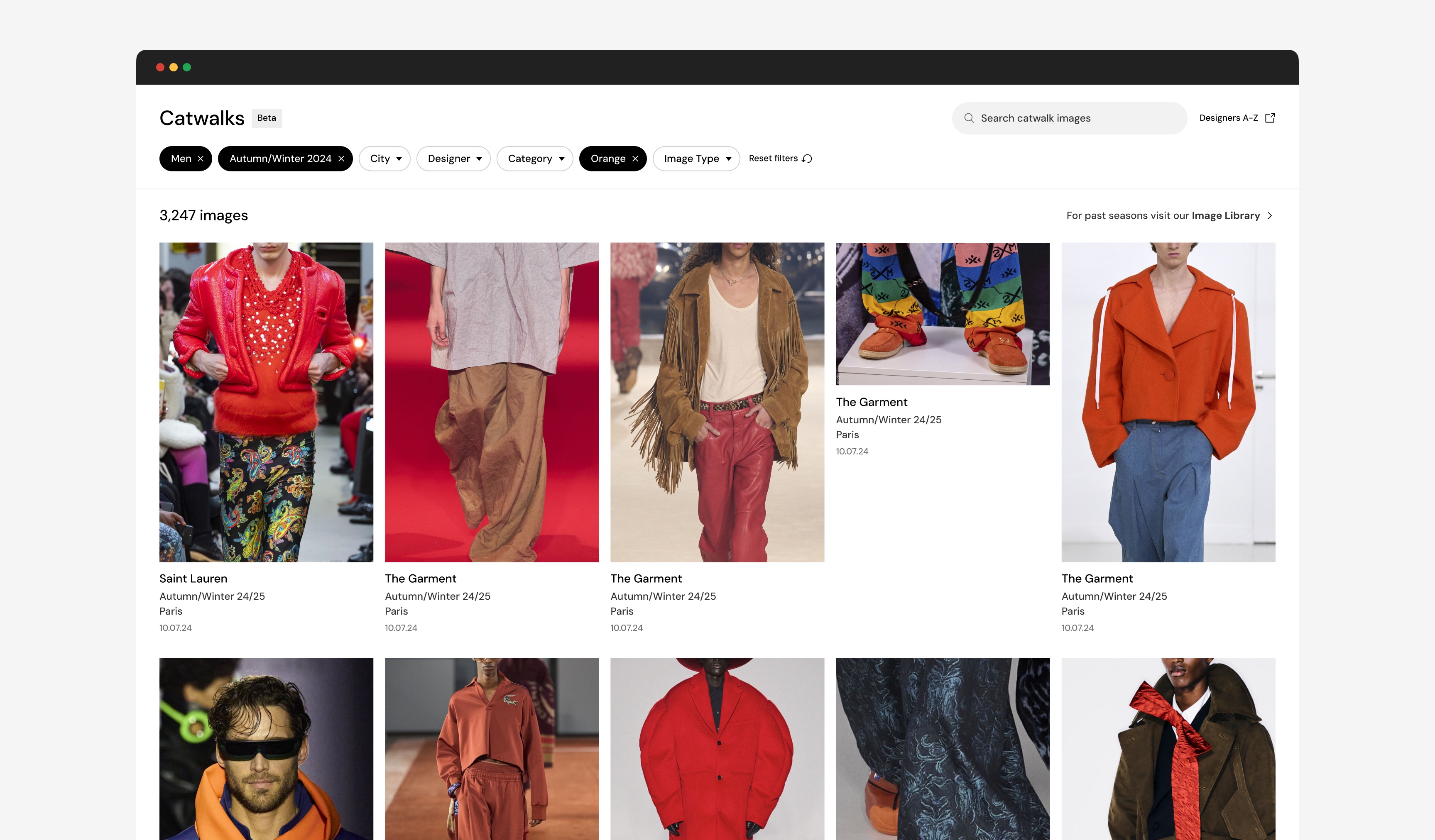 The Catwalks gallery in beta, filtered to Men, Autumn/Winter 2024 and the colour Orange: 3,247 images, a search field and a Designers A–Z link, with a link out to the Image Library for past seasons, above a grid of orange-toned runway looks from Saint Laurent and The Garment, each captioned Autumn/Winter 24/25, Paris
