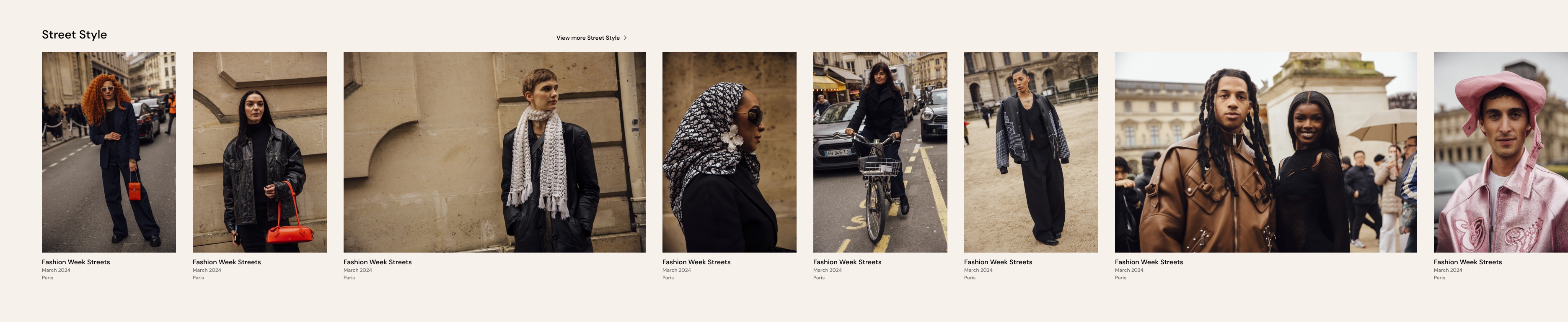 The Street Style row in full: nine Fashion Week Streets photographs from March 2024 in Paris, running past the edge of the page frame