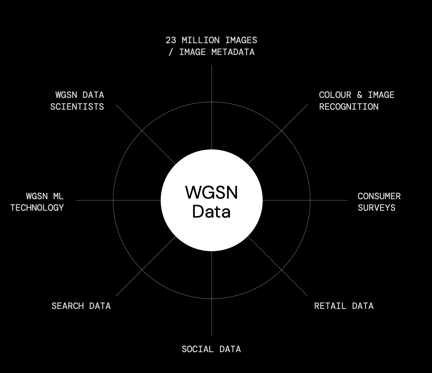 Radial diagram with WGSN Data at the centre, spoked out to eight sources: 23 million images and image metadata, colour and image recognition, consumer surveys, retail data, social data, search data, WGSN ML technology, and WGSN data scientists