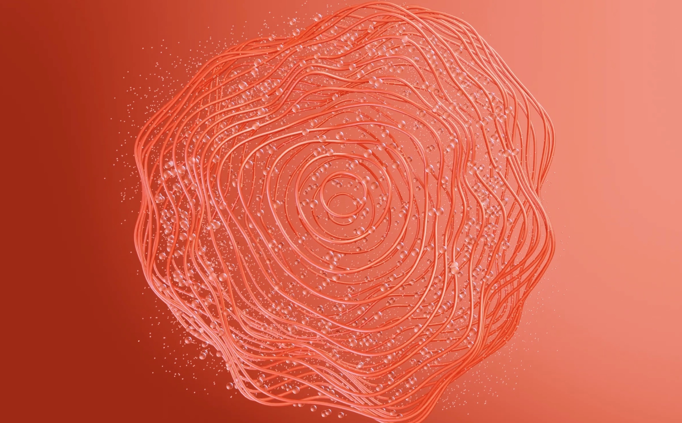WGSN data visual — concentric coral filaments scattered with droplets on a red gradient