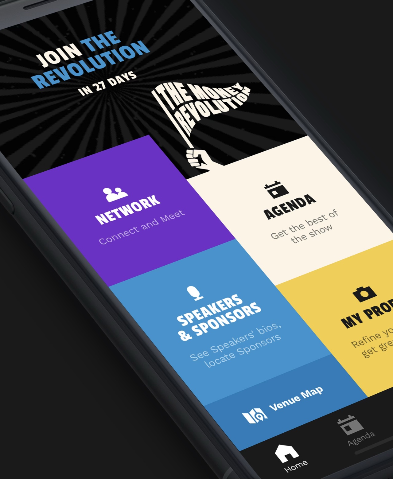 The Money20/20 event app on a phone at an angle, showing Network, Agenda, Speakers & Sponsors and My Profile tiles in the brand's purple, blue and yellow