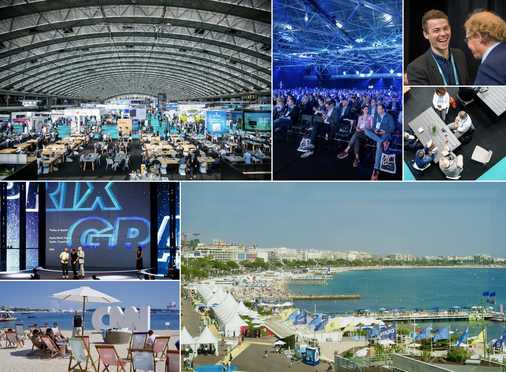 Photographs from the events — the Money20/20 expo hall, a keynote audience under blue lighting, delegates talking and meeting, the Cannes Lions Grand Prix stage, the CNN beach lounge, and the Cannes beach village