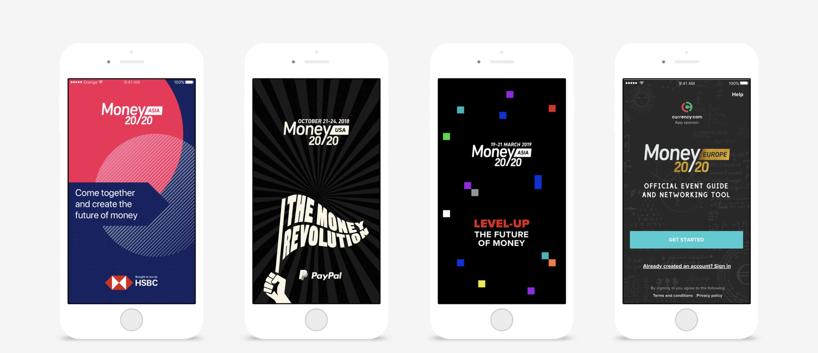 The Money20/20 app's home screen across four editions, each sharpening the visual identity — a red and navy "Come together and create the future of money" brought to you by HSBC, a black PayPal-sponsored "The Money Revolution", a black "Level-up: the future of money" scattered with coloured squares, and the Europe official event guide and networking tool sponsored by currency.com