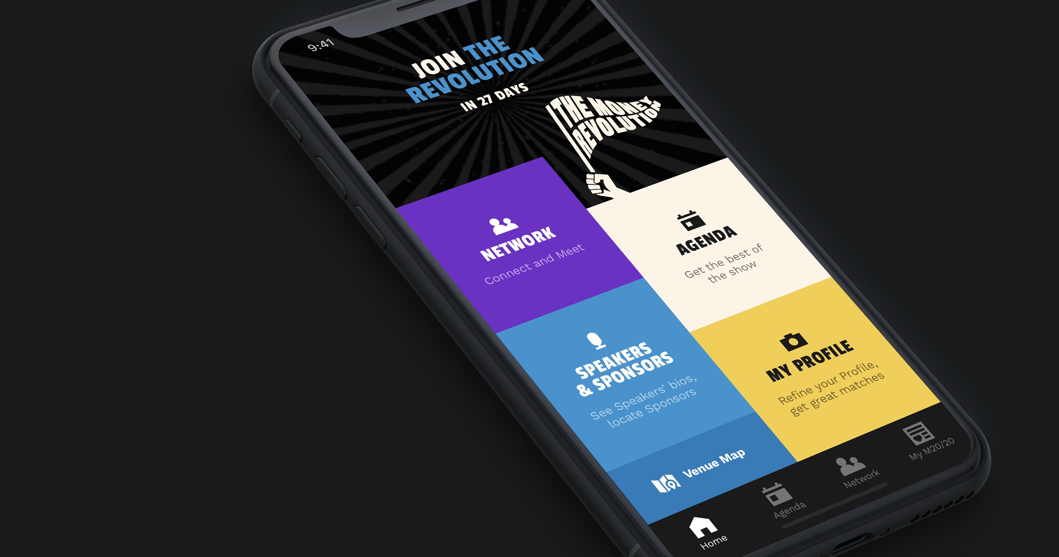 The Money20/20 event app on a phone, showing the agenda in the brand's yellow, purple and blue colour blocks