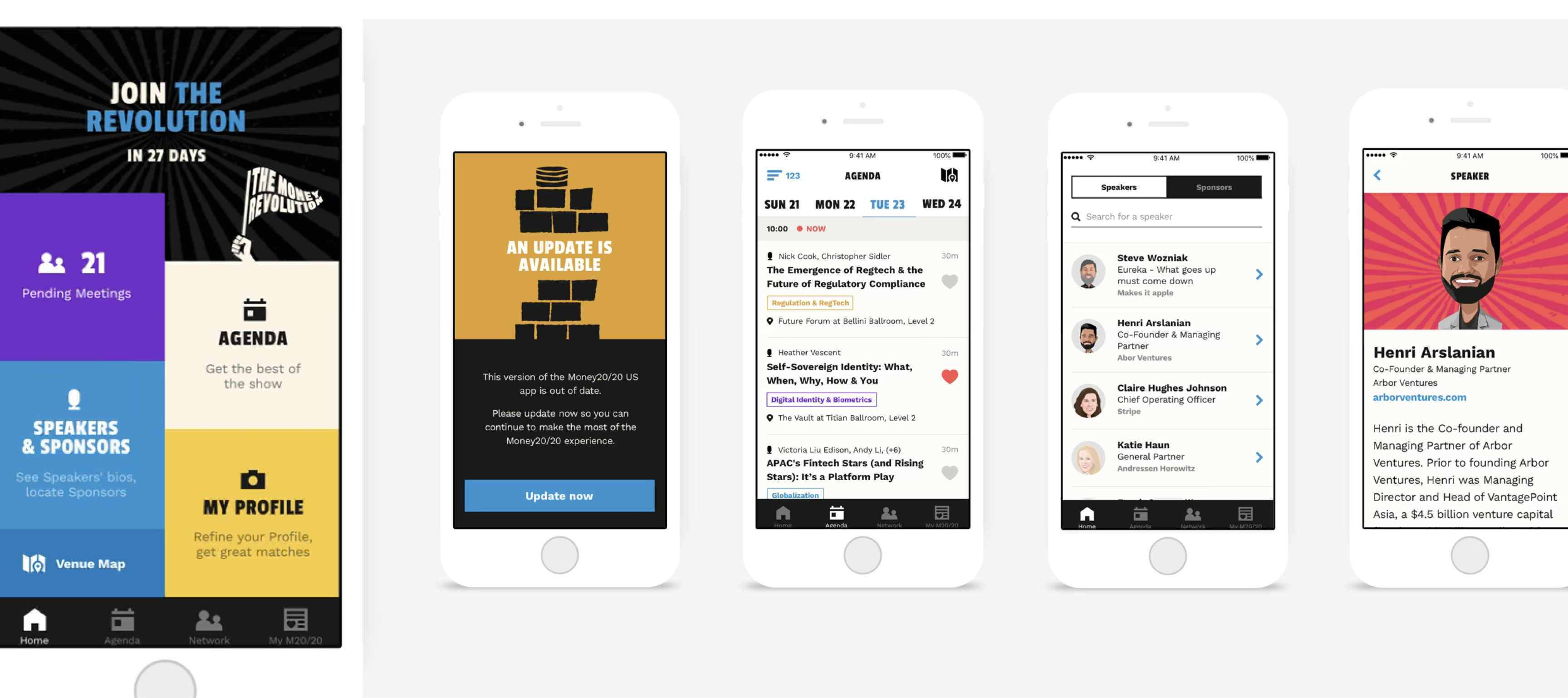 App screens — the home screen's coloured tiles for pending meetings, agenda, speakers and sponsors, a prompt to update the app, the agenda by day, the speaker list and a speaker profile