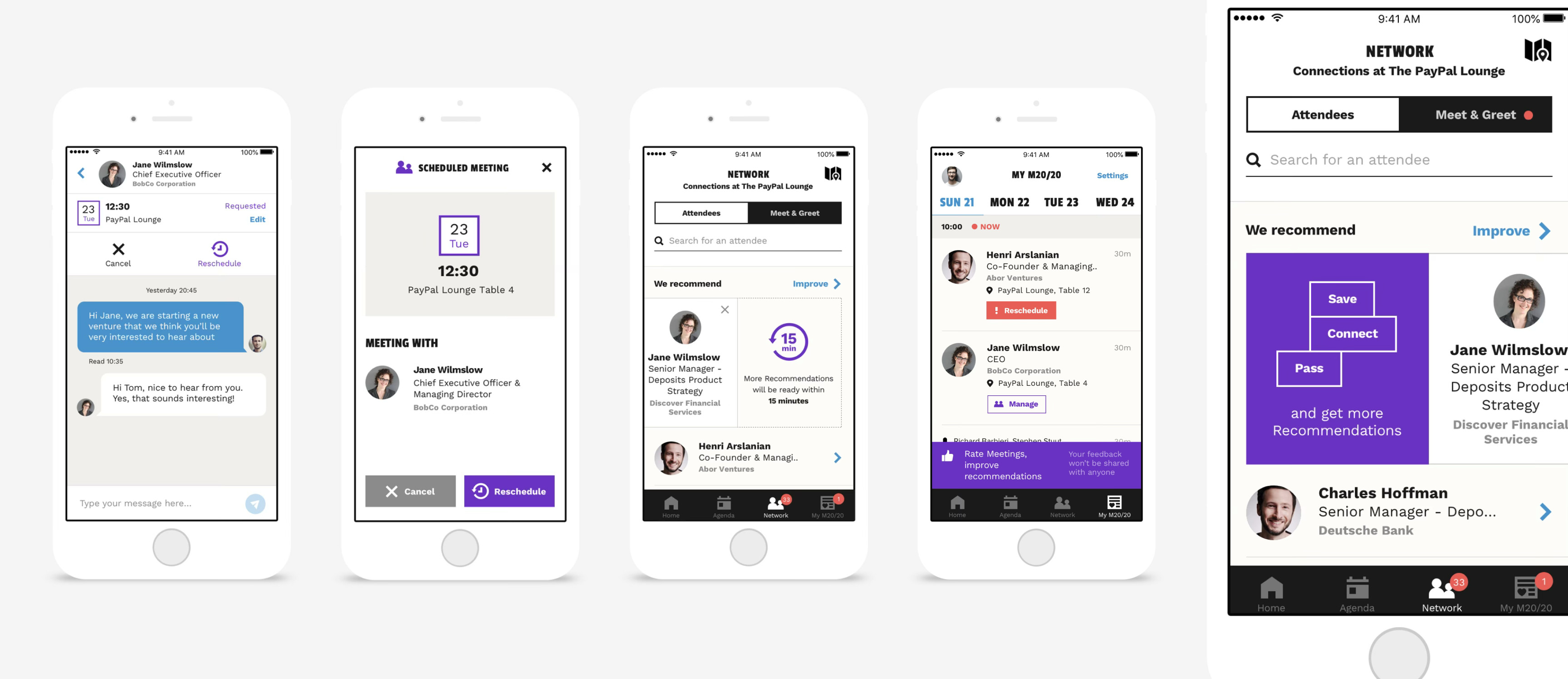 App screens — the meeting maker flow, from a requested meeting and its message thread through a scheduled meeting card, the network recommendations, the My Money20/20 day view and the connections list at the PayPal Lounge