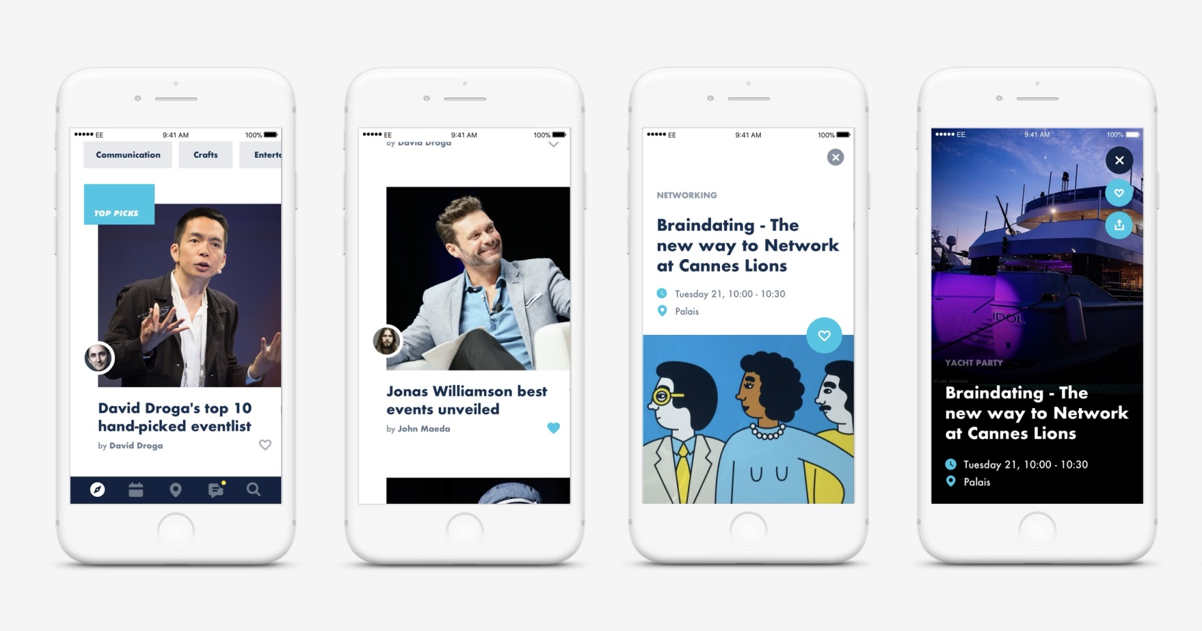 Cannes Lions app screens — editorial content cards, an article view and a session detail page
