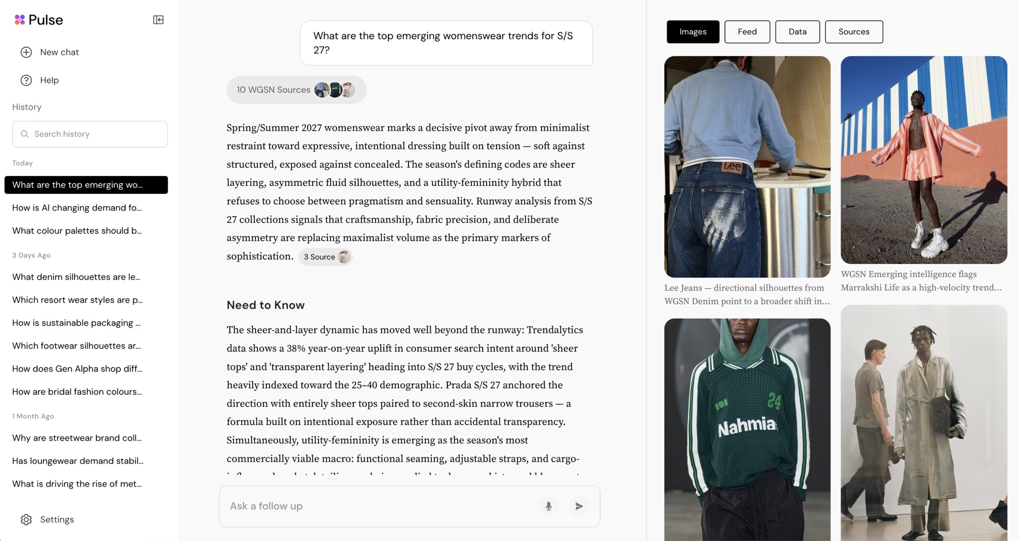 A Pulse answer to the question What are the top emerging womenswear trends for S/S 27: a 10 WGSN Sources chip, a generated summary and a Need to Know section, with supporting catwalk and denim imagery in a panel on the right under Images, Feed, Data and Sources tabs