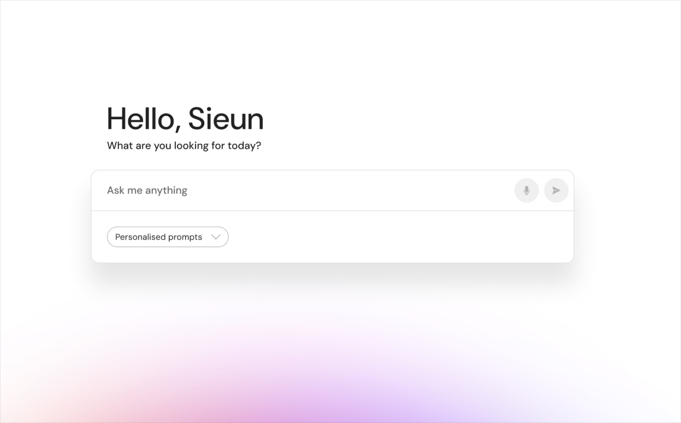 The Pulse search screen: Hello, Sieun — What are you looking for today? — above an Ask me anything field and a Personalised prompts menu, over a soft pink and purple gradient