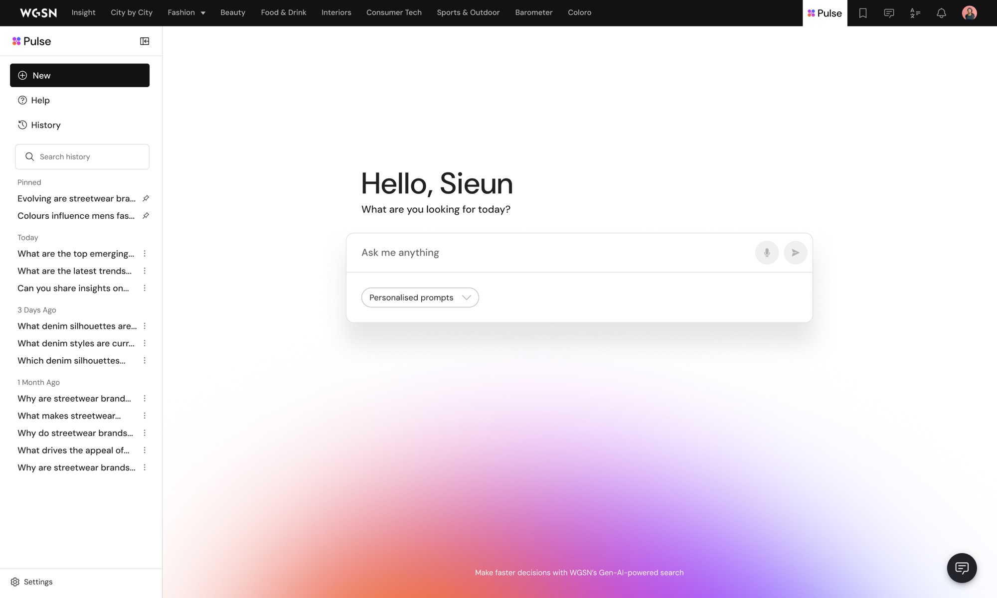 The Pulse full-screen view: a sidebar of pinned and recent questions grouped by date, and a centred Hello, Sieun prompt with an Ask me anything field and a Personalised prompts menu over a soft colour gradient