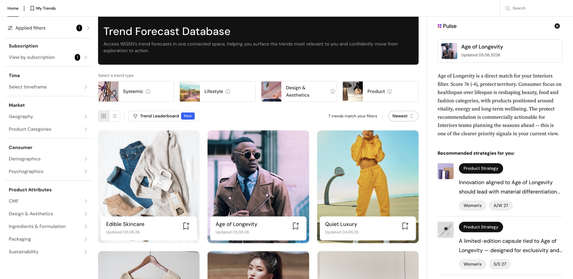 The Trend Forecast Database with Pulse open in a side panel: filters down the left, a grid of trend cards including Edible Skincare, Age of Longevity and Quiet Luxury, and Pulse explaining why Age of Longevity matches the user's filters alongside recommended product strategies