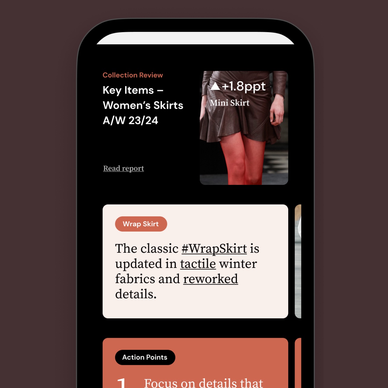 A WGSN Stream phone screen: a Collection Review card for Key Items – Women's Skirts A/W 23/24, a Wrap Skirt trend card and an orange Action Points card