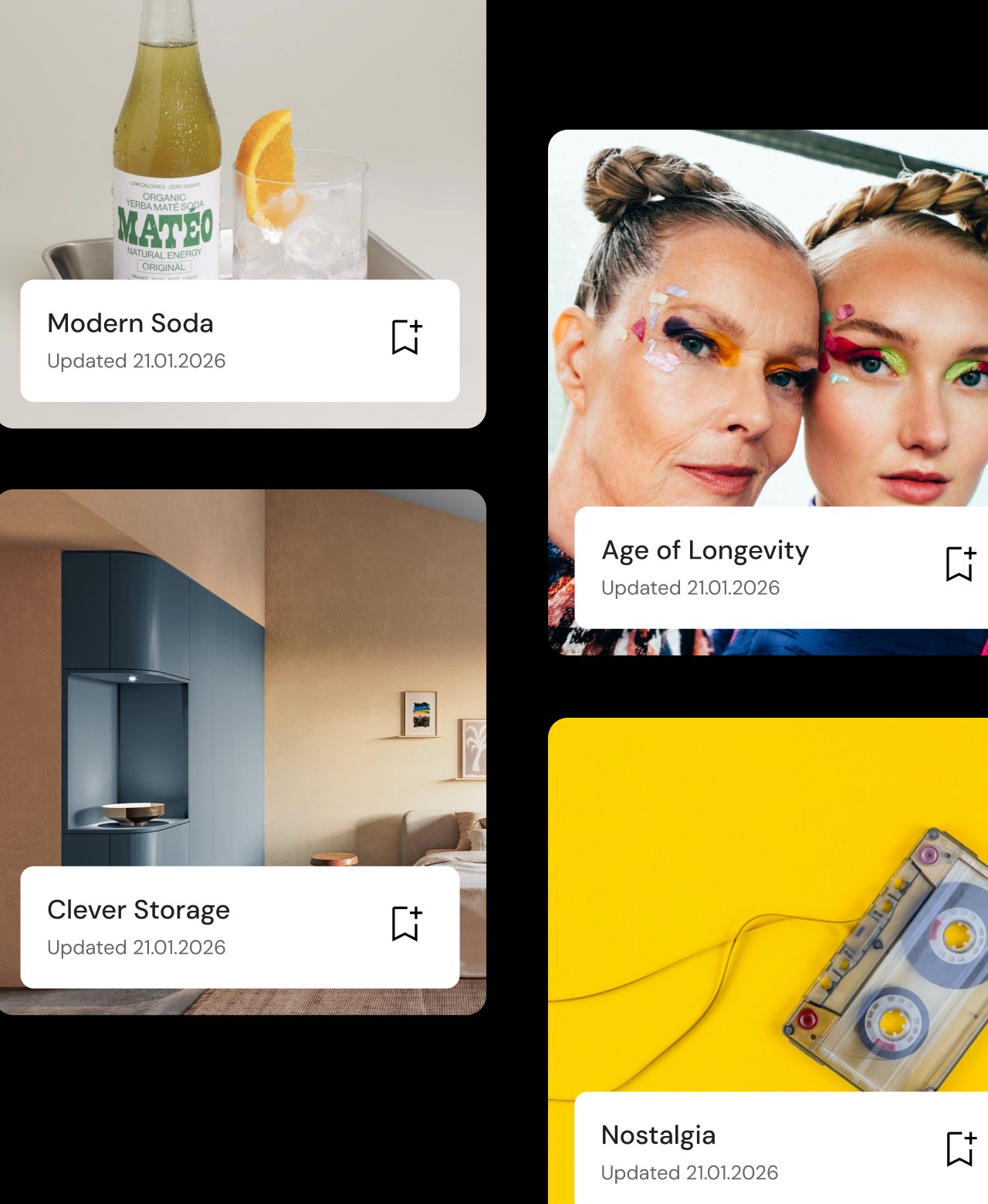 Trend Forecast Database cards on black — a Modern Soda bottle and a Clever Storage interior down the left, an Age of Longevity card carrying two women in bright graphic eye make-up, and a yellow Nostalgia card holding a cassette tape, each stamped Updated 21.01.2026