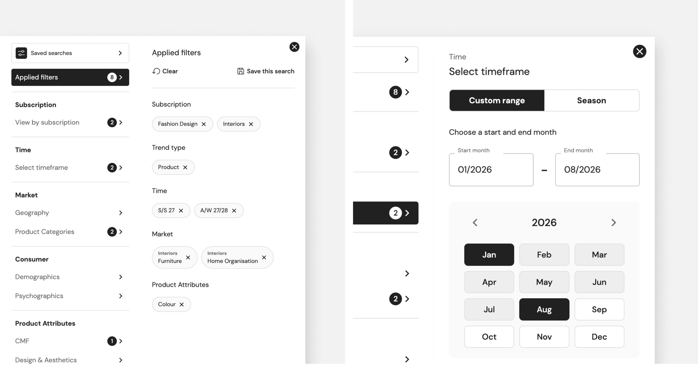 Two filter panels. Applied filters, showing the eight in play — Fashion Design and Interiors subscriptions, a Product trend type, S/S 27 and A/W 27/28, the Interiors Furniture and Home Organisation markets, and Colour — each removable, above Clear and Save this search. And Select timeframe, set to Custom range from a start month of 01/2026 to an end month of 08/2026, with January and August picked out on a 2026 month grid