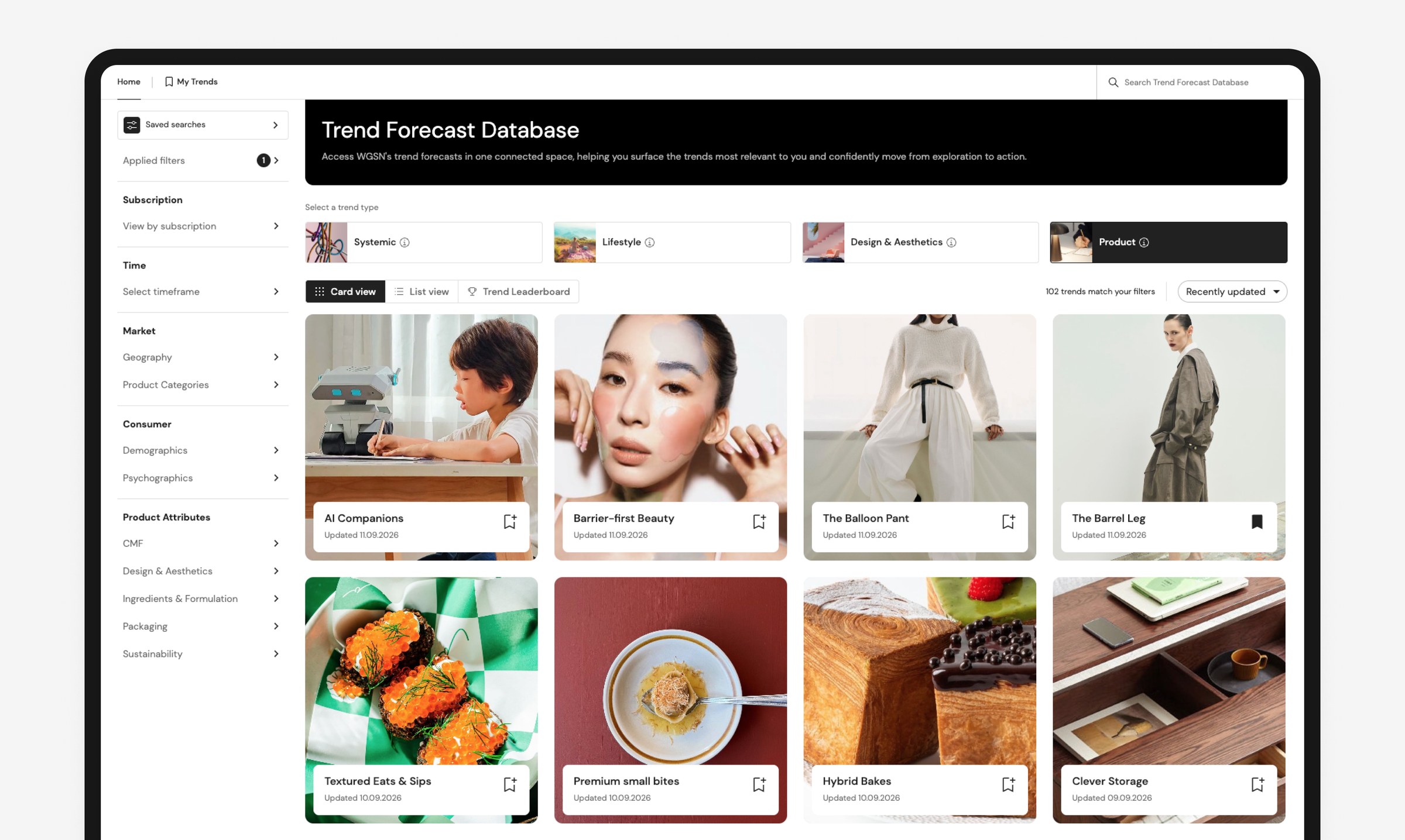 The Trend Forecast Database home on a tablet: a filter rail listing Saved searches, Applied filters, Subscription, Time, Market, Consumer and Product Attributes, beside a black masthead offering access to WGSN's trend forecasts in one connected space; a Select a trend type row of Systemic, Lifestyle, Design & Aesthetics and Product, with Product selected; and a card grid of the 102 trends matching the filters — AI Companions, Barrier-first Beauty, The Balloon Pant, The Barrel Leg, Textured Eats & Sips, Premium small bites, Hybrid Bakes and Clever Storage